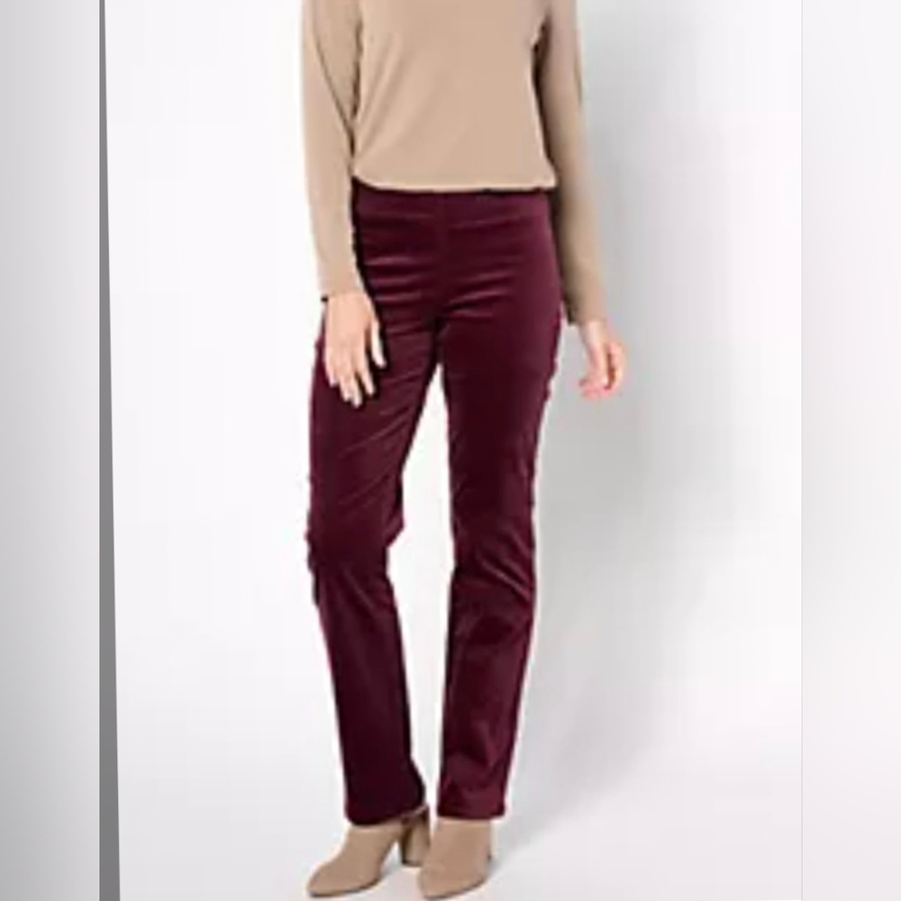 Denim & Co Purple Crushed Velvet Pull Up Pants QVC XL New No Tags Slight Bootcut